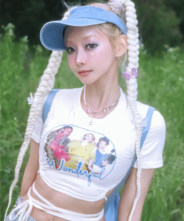 💜마지막재고💜 키치 퀸카 스트랩 크롭 반팔티&암워머 세트 (하늘색)