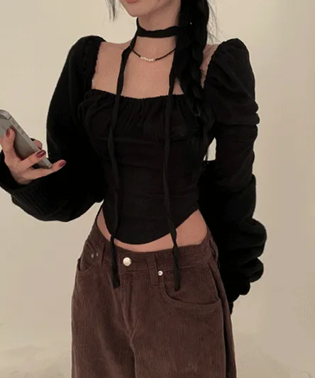 [머플러SET/모델소장🤎]  여리한 무드 스퀘어 셔링 라운딩 니트 블라우스 -3color