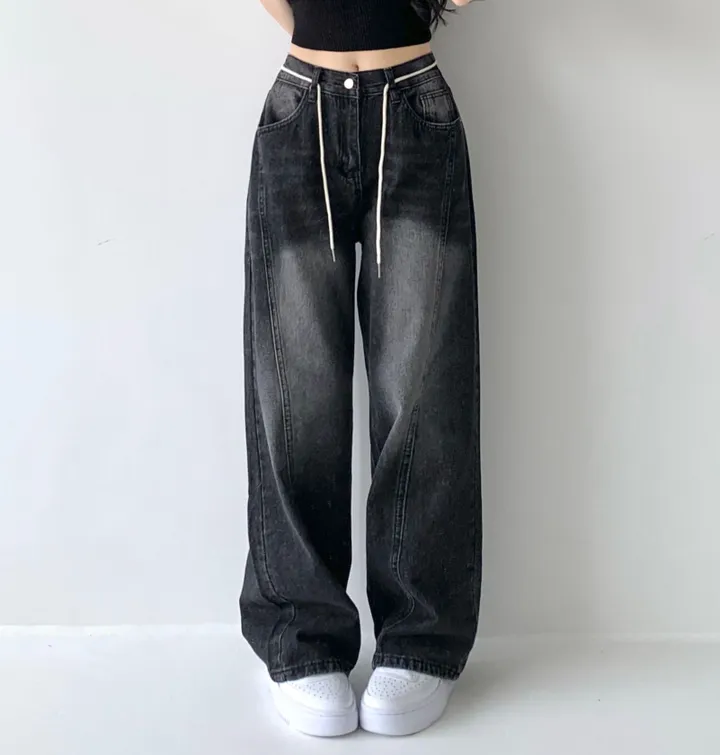 [색감깡패🖤/끈탈부착O] 미드나잇 뒷밴딩 스트링 스트랩 하이웨스트 절개라인 빈티지 워싱 롱 와이드 데님 팬츠 밴딩바지 청바지 사계절청바지 상세 이미지 32