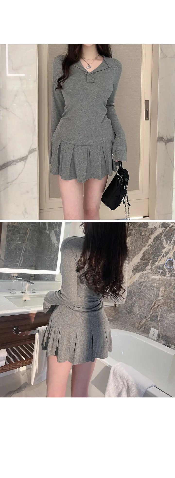 [꾸안꾸💕]카라 브이넥 미니 플리츠 투피스 세트 상세 이미지 6