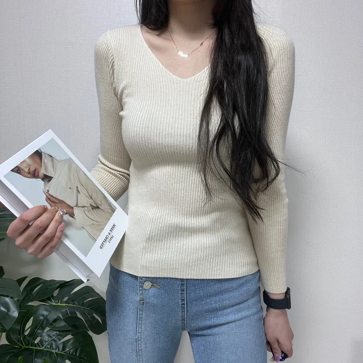 1000장 돌파! 🚀당일발송!🚀✨진짜최저가보장✨ 🎊봄까지 쭉!🎊 주문폭주 🎀리뷰극찬🎀 2개 구매시 묶음할인! 기본 슬림 골지 브이넥 니트 긴팔티 상세 이미지 20