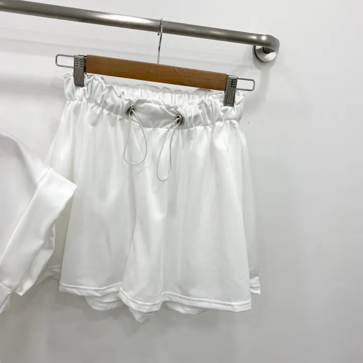 [set!]리본 뒷트임 롤업 캡소매 반팔티+플레어 숏팬츠 반바지 투피스 트레이닝 세트 2color 상세 이미지 15
