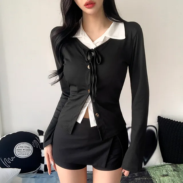 [일체형/모던룩/2col] 신디 일체형 슬림핏 레이어드 셔츠 가디건 / 카라넥 / 리본가디건 / 레이어드티셔츠 / 페이크셔츠 / 긱시크 / 브이넥 / 셔츠니트 / 코디완성 / 강추 상세 이미지 5
