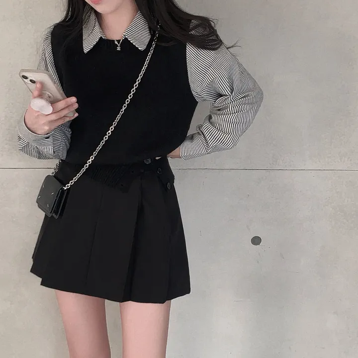 [단독/일체형!/✨주문폭주✨]올인원 쓰리버튼 레이어드 일체형 스트라이프 셔츠+니트조끼 상세 이미지 16