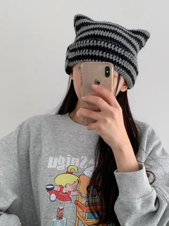 스트라이프 고양이 니트 모자 캣 비니 8color 상세 이미지 6