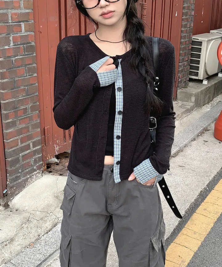 [봄가디건🌷] 띠네 슬럽 배색 체크 커프스 라운드 시스루 니트 가디건 봄 여름 가을 / 봄가디건 여름가디건 레이어드 봄아우터 체크셔츠 뮤잉 상세 이미지 15