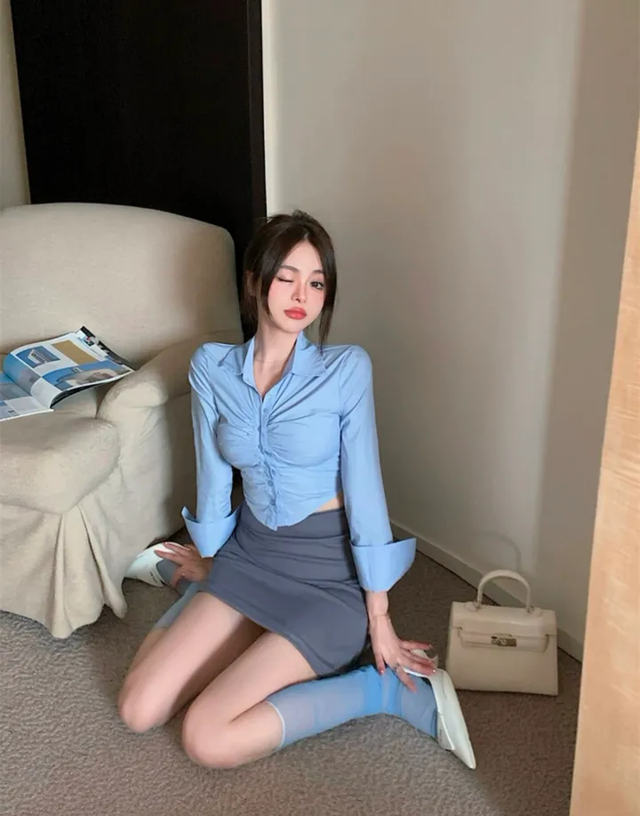 [M 당일발송][직수입][S~L사이즈] 빅사이즈 섹시투피스비서룩 오피스 회사원룩 와이셔츠 스커트 세트 상세 이미지 5