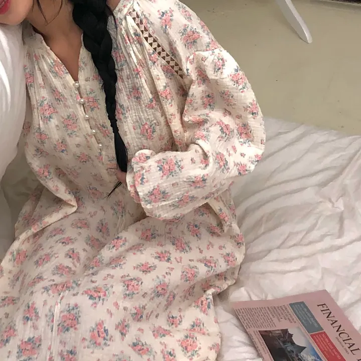 [❤️당일/55~88❤️] 플라워 원피스잠옷 요루면 홈웨어  공주풍 롱드레스 상세 이미지 8
