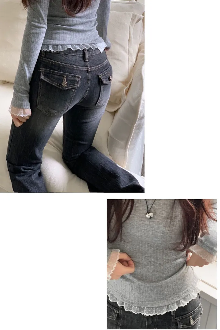 [-3kg🤍여리말라핏]사브리나 여리 레이스 레이어드 프릴 텐션 슬림핏 보트 라운드넥 롱슬리브 티셔츠 4color 상세 이미지 17