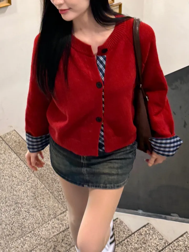 [5color/개강룩] 체크 배색 니트 가디건 상세 이미지 25