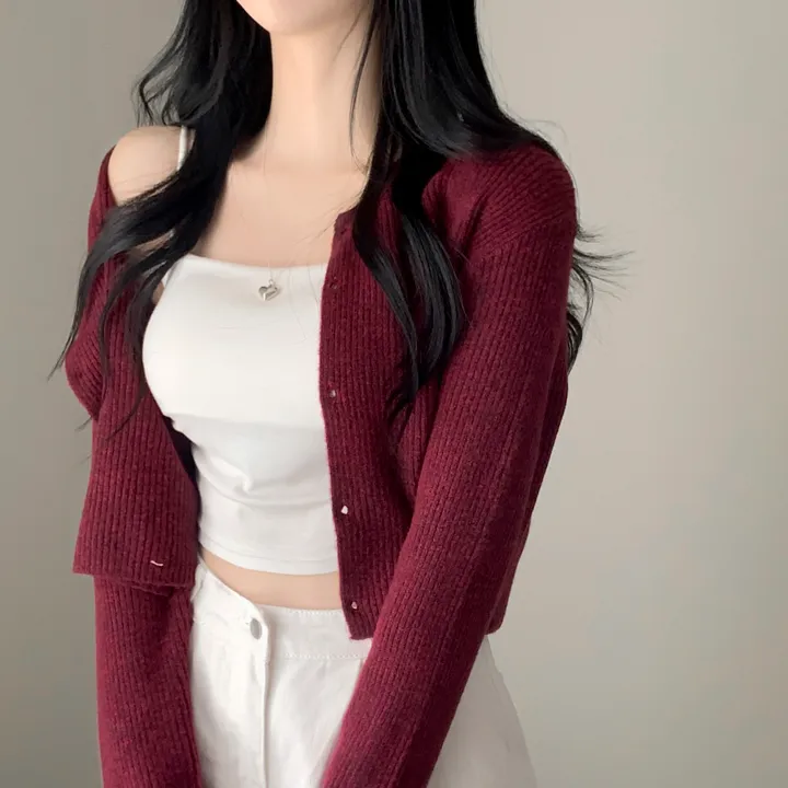 [캐시울/만족도100%] 크렌베리🍇 여리핏 캐시울 아크릴 라운드 골지 크롭 긴팔 가디건 상세 이미지 7