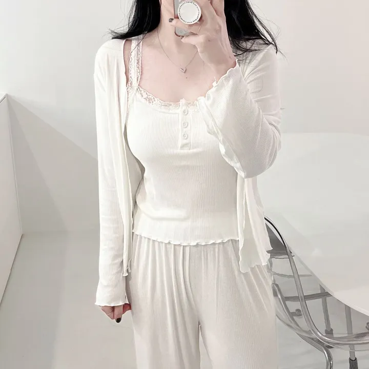 🖤[당일출고/최저가] 4ps 3ps 레이스 캡내장 잠옷 세트 상하 파자마 나시 긴바지 반바지 아우터 가벼운 스판기 섹시한 여성스러운 3피스 4피스 봄 여름 가을 홈웨어 3종 4종 상세 이미지 7