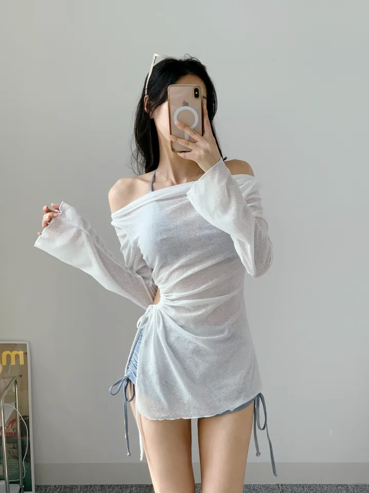 *고퀄* 비키니 커버업 포함 오프숄더 3피스3pcs 블루 나염 홀터넥 체형커버 뱃살커버 수영복 상세 이미지 10