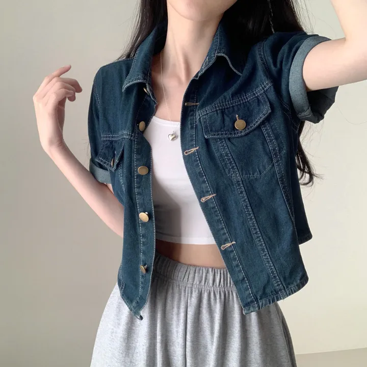여름자켓종결🖤[데일리템!] 라이킷 라이드 투포켓 크롭 반팔 데님 셔츠 남방 청자켓 긴팔버전 추가 간절기 데님 아우터 상세 이미지 7