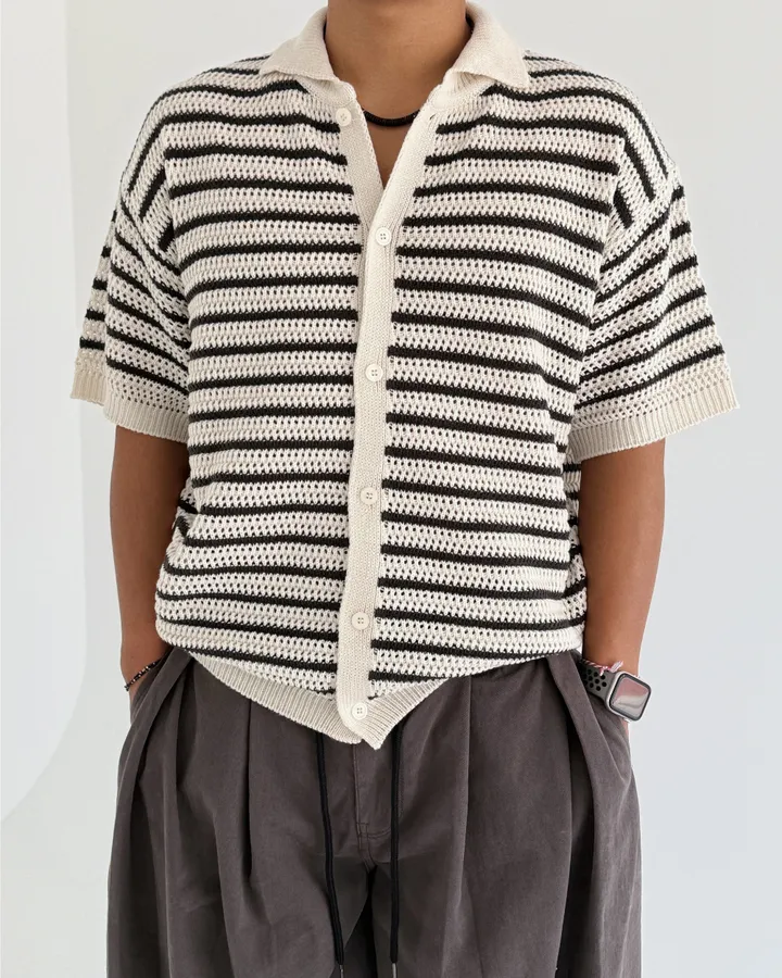 [온트추천] (UNISEX) 모리 스트라이프 카라 반팔 가디건 상세 이미지 41