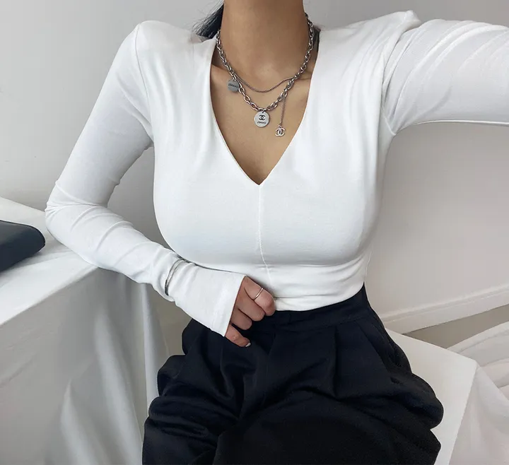 패드 브이넥 스판 절개 슬림 티셔츠 상세 이미지 46
