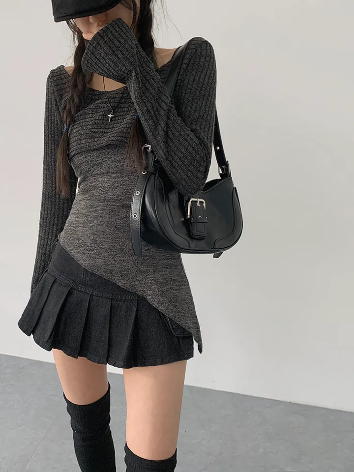 [레이어드세트/몸매보정핏! 뒷모습도완벽🖤 슬림핏 홀터나시 긴팔크롭티 레이어드세트] 리엘사선홀터나시SET 상세 이미지 7
