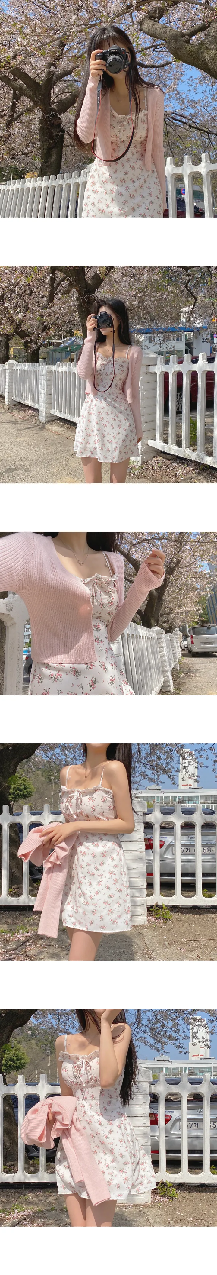 [세트/단독구매가능] 여름 미니 플라워 리본 나시 원피스 + 크롭 골지 파스텔 브이넥 가디건 상세 이미지 2