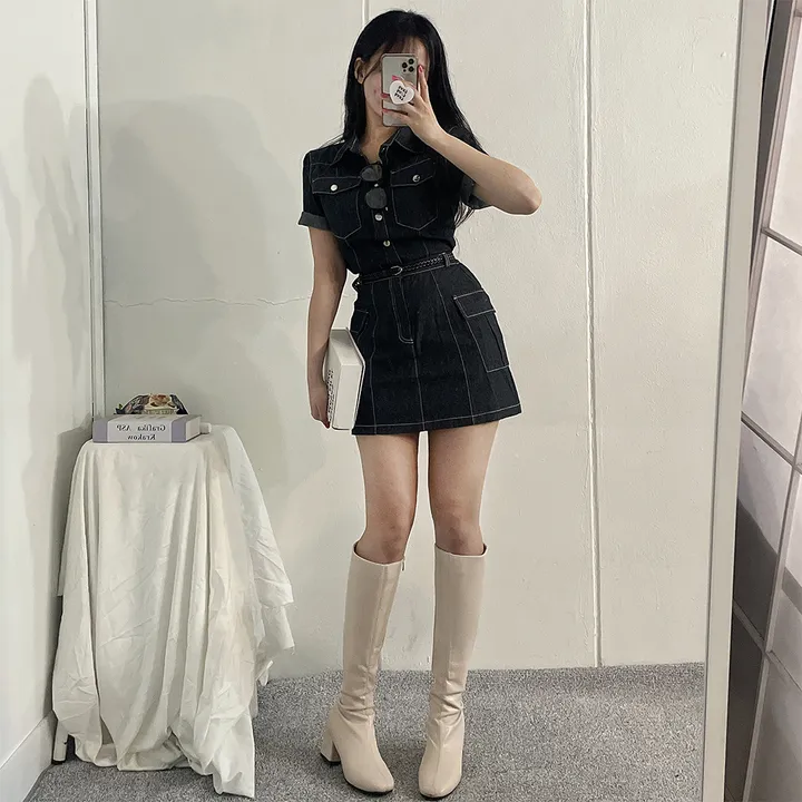 [남방+스커트 SET] 스킬 데님 반팔 남방 셔츠 + 데님 카고 스커트 투피스 세트 (단품or세트구매/2color) 상세 이미지 11