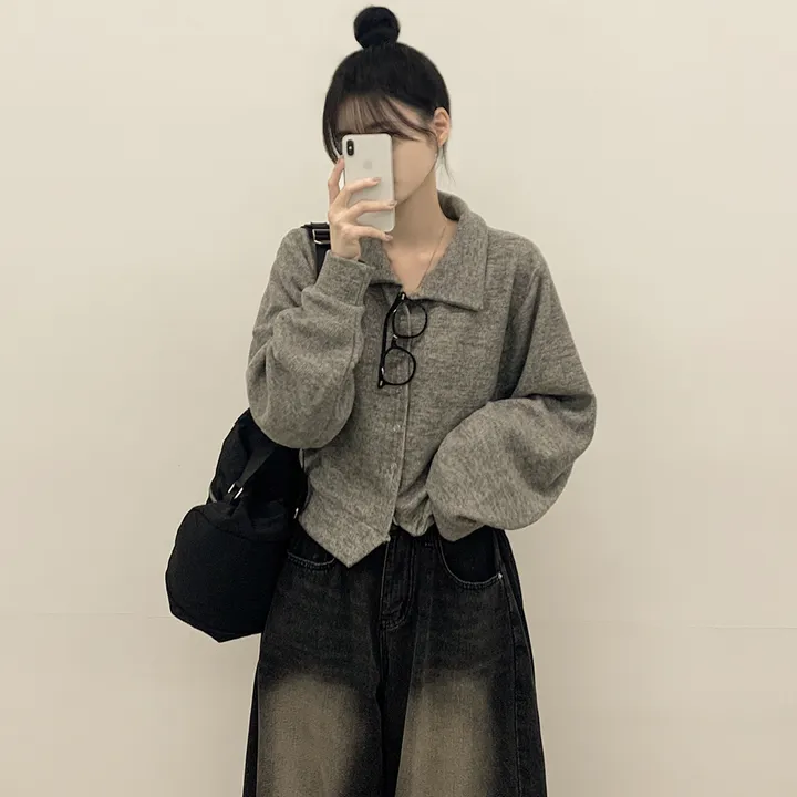 [보들보들🖤/귀여움] 아방핏 카라 스냅 단추 긴팔 세미크롭 벌룬가디건 상세 이미지 7