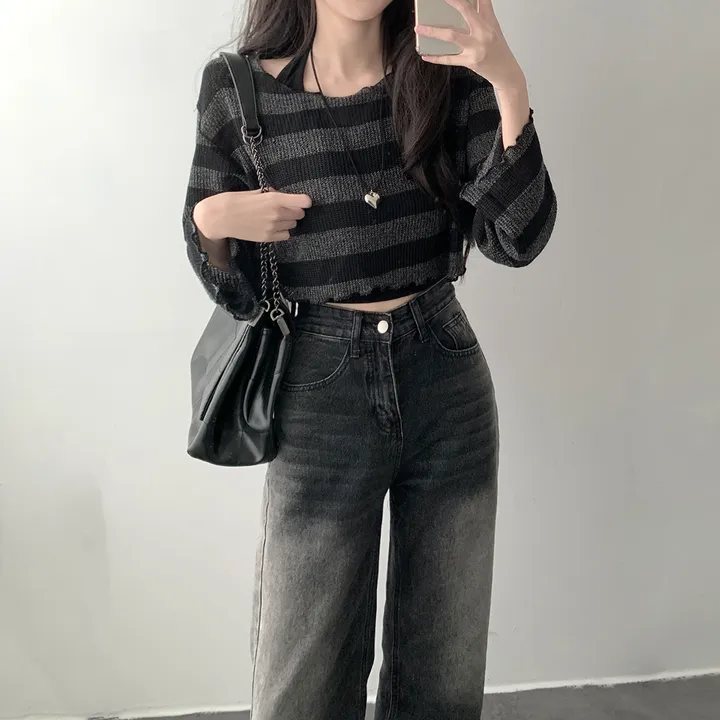 *주문폭주* [데일리힙set] 물결 단가라 니트 티셔츠 & 흑청 사이드워싱 데님 팬츠 [D1-9] 상세 이미지 11