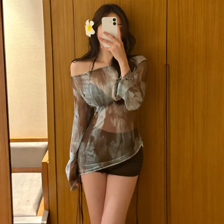 [당일출고] (M-XL) 오프숄더티+숏팬츠+와이어 3피스 비키니 세트 상세 이미지 4
