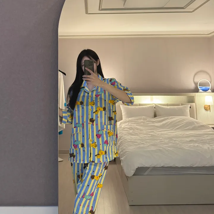 비비드 도그 프린팅 긴팔 긴바지 투피스 세트 잠옷 홈웨어 파자마 상세 이미지 10