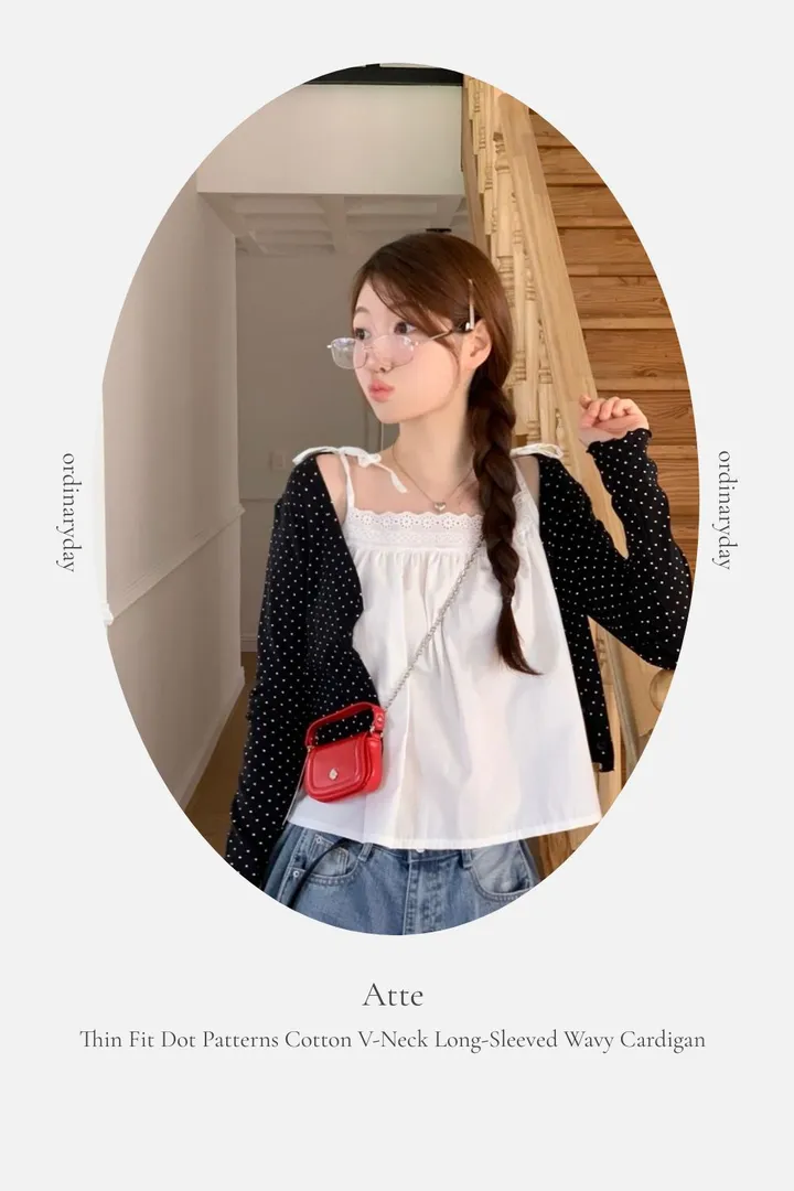 [도트가디건🖤]아떼 여리핏 도트 패턴 코튼 브이넥 롱슬리브 크롭 물결 가디건 3color 상세 이미지 15