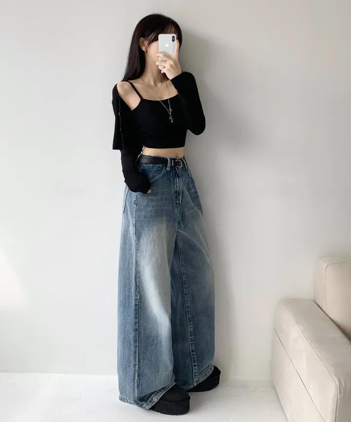 [모델소장🖤/기장선택/~XL] 페이블 3기장 힙 빈티지 워싱 하이웨스트 로우 밑단 스냅 조거 와이드 데님 팬츠 청바지 키작녀 키큰녀 남녀공용 사계절팬츠 빅사이즈 상세 이미지 8
