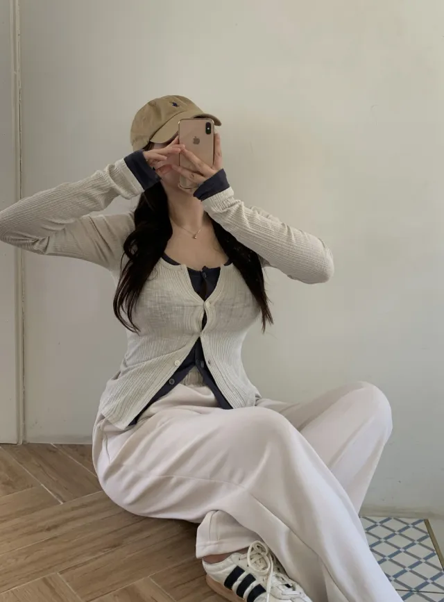 시선 골지 레이어드 배색 단추 가디건 티셔츠4color 상세 이미지 24