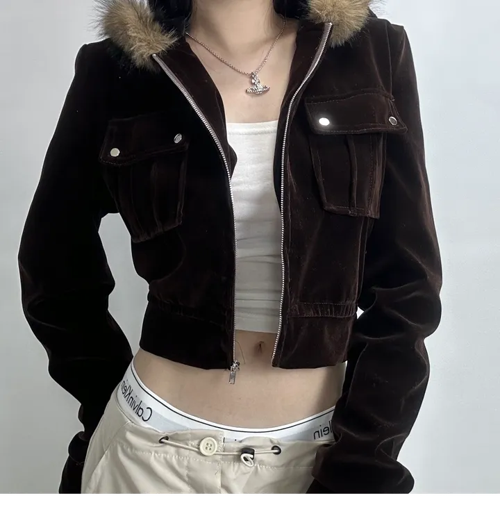 velvet fur hood  jacket- 벨벳 퍼 후드 자켓 2color (힙, 스트릿, 유니크, 크롭, y2k, 빈티지, 퍼, 집업, 후드집업) 상세 이미지 12