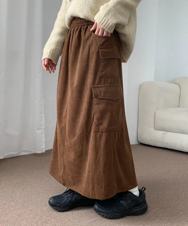 아후 골덴 카고 밴딩 롱 스커트