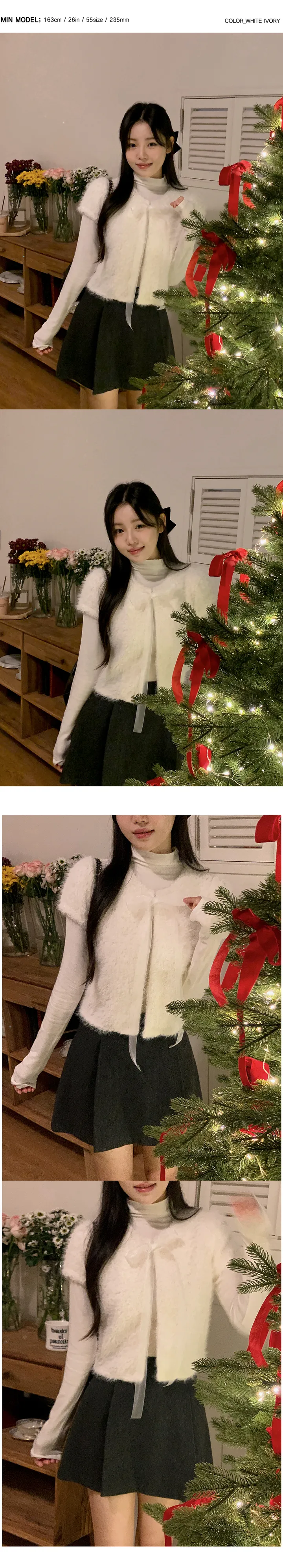 [하객룩][리본탈부착가능][리본 셋트][MADE][자체제작][국내 생산]스노우 시어 쉬폰 리본 퍼 반팔 가디건 (3color) 상세 이미지 7