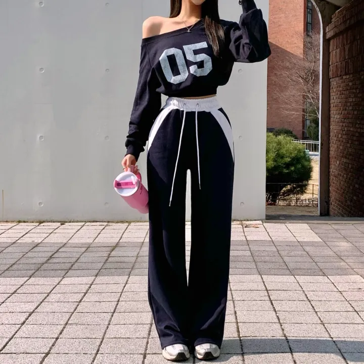 *최저가* [꾸안꾸🕶/핏보장] 넘버 크롭 오프숄더 맨투맨+와이드팬츠set 레터링맨투맨 배색 일자팬츠 트레이닝세트 셋업 상세 이미지 15