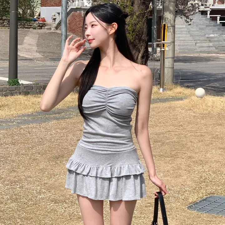 [섹시유니크🖤] 글램 투피스 / 캡내장 캡나시 뷔스티에 셔링 크롭탑 셔링탑 튜브탑 탱크탑 브라탑 볼륨업 데님탑 캉캉치마 치마바지 여름원피스 여행 bj 레이어드스커트 숏팬츠 스판 상세 이미지 29