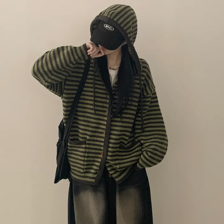 [울함유/폭닥✨] 빈티지힙 오버핏 스트라이프 단가라 니트 후드가디건 단추 집업 상세 이미지 11