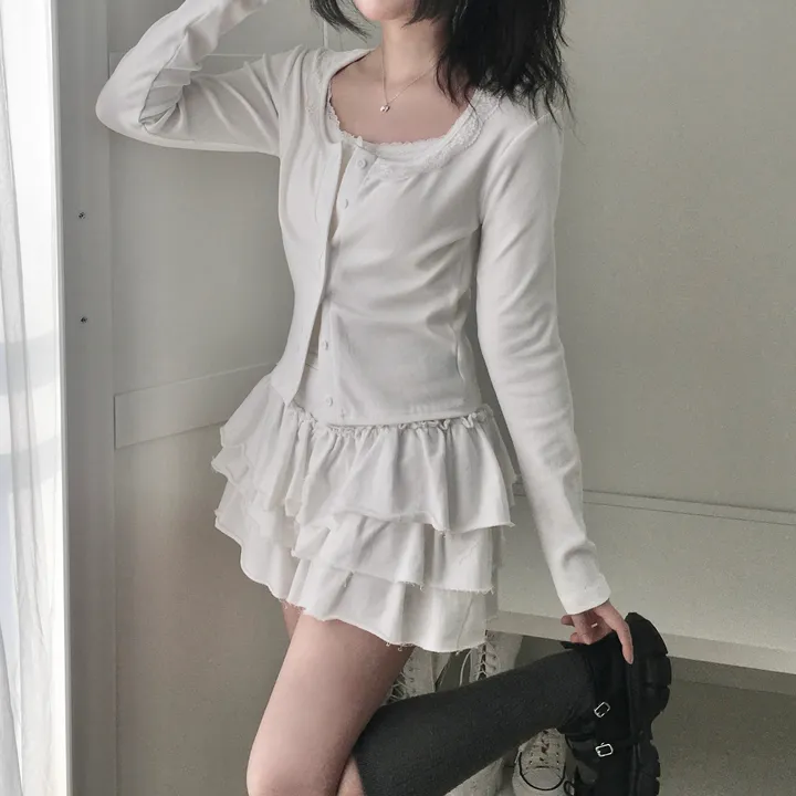 [러블리/레이스🖤/슬림핏] 라운드 스퀘어 레이스 골지 가디건 상세 이미지 25