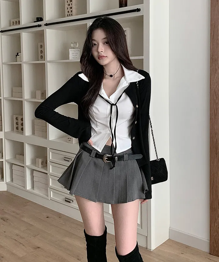 [반팔/긴팔❄일체형💗고퀄ver] 칠리 셔츠 가디건 일체형 레이어드 리본 슬림핏 긴팔 반팔 티셔츠 가디건 봄 겨울 가을 / 하객룩 출근룩 소개팅룩 데이트룩 클래식블랑 상세 이미지 4