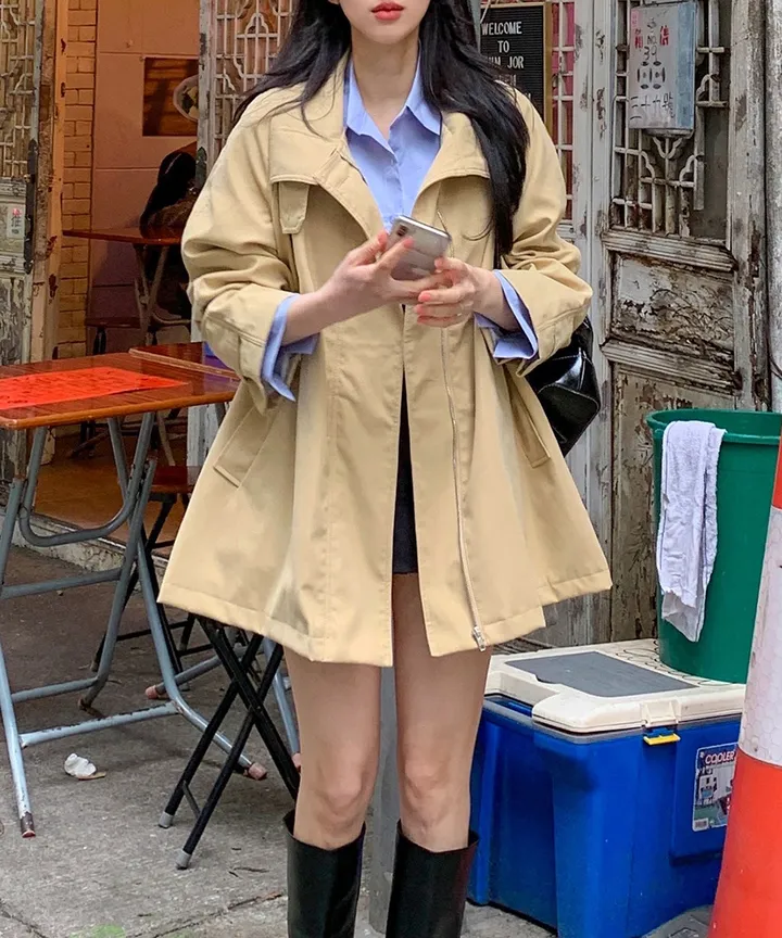[귀욤아방핏🤎완전강츄] 하이넥 하프 숏 트렌치코트 오버핏 루즈핏 A라인 케이프 바바리 자켓 야상 점퍼 봄 가을 간절기 아우터 데일리룩 2COL 상세 이미지 6