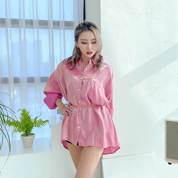 [당일출고] 투톤 오로라 루즈핏 퍼프 실크 블라우스 셔츠 / 빅사이즈 오버핏 / 연예인 아이돌의상 펜트하우스 루즈핏 글리터셔츠 반짝이 상세 이미지 37