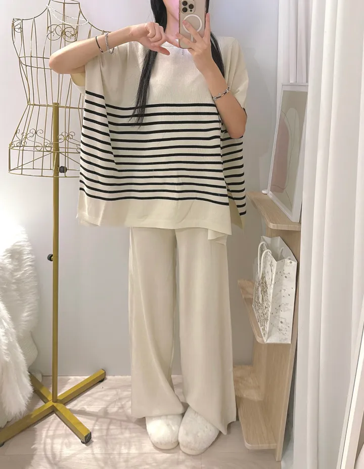 *빠른출고 *체형커버굿 [*44-77/highqual] 모먼트 스프라이트 소프트 단가라 케이프 니트 + 밴딩 와이드 니트 팬츠 투피스 트레이닝세트 - 4color 상세 이미지 11