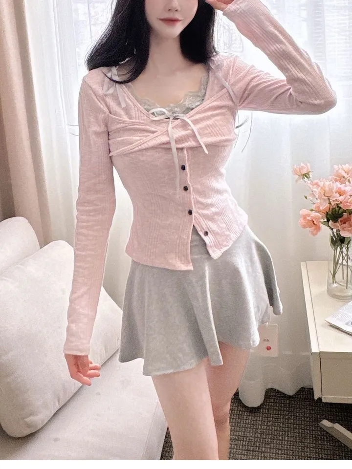 *전코디가격*[🩷당일출고/발레코어/쓰리피스🩷] 리본 스트랩 레이스 내장캡 나시 & 꼬임 긴팔 티셔츠 & 셔링 밴딩 초미니 치마바지 세트 벚꽃놀이 인생사진 상세 이미지 4