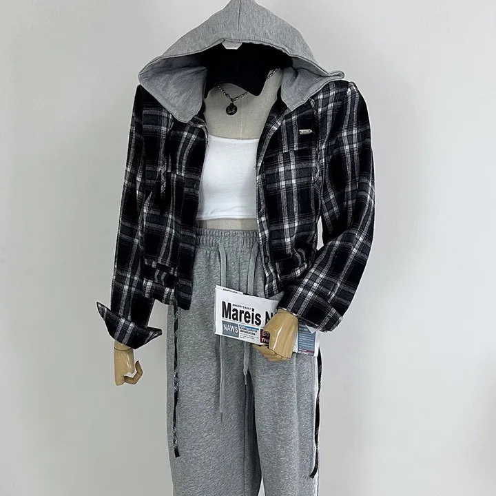 [패드내장/데일리/캐주얼/코디추천템] 크롭 체크 후드 배색 패치 스트링 셔츠 남방 상세 이미지 18
