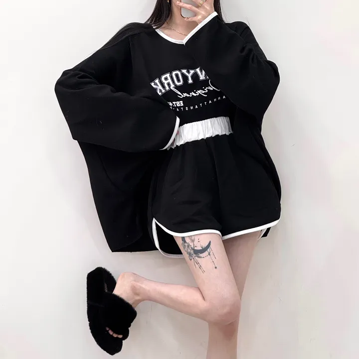 [여름까지/여리루즈핏] 밴티 나염 배색 라인 입술넥 오버핏 긴팔 티셔츠+밴딩 하이웨스트 돌핀 숏팬츠 투피스 트레이닝 세트 3color 상세 이미지 28