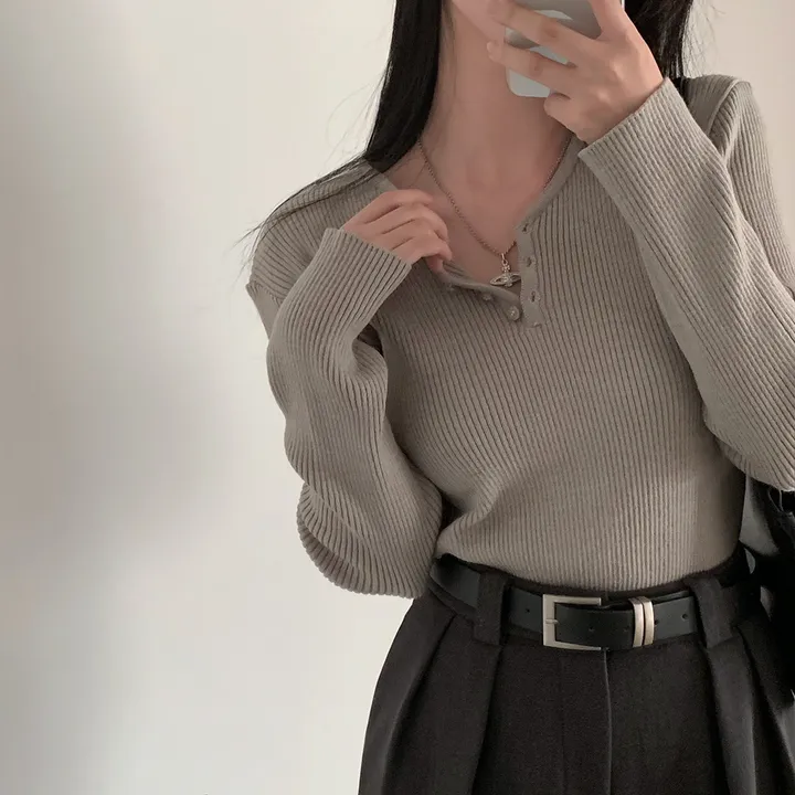 [4계절필수 디자인/연그레이 당일출고✨] 자체제작 #크치Made 젤리 버튼 트임 브이넥 골지 겨울 니트 긴팔티셔츠 - nt 상세 이미지 160
