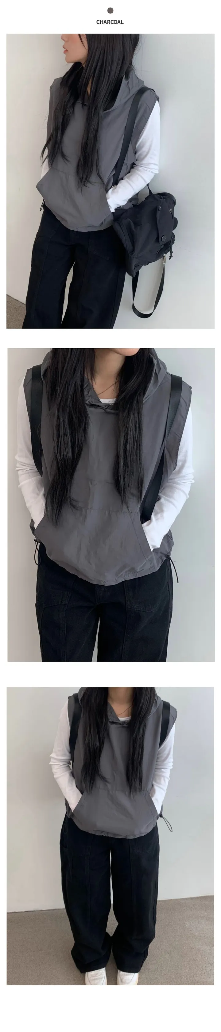 [바스락/데일리🩶] 소릿 나일론 후드 스트링 바람막이 베스트 (4color) 상세 이미지 9