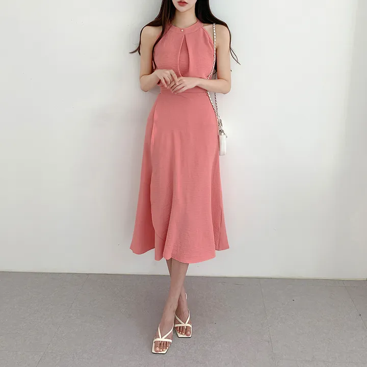 [블라우스+스커트set❤] 무드 홀터넥 나시 민소매 블라우스 랩 롱스커트 휴양지룩 투피스 세트 / 바캉스룩 하객룩 데이트룩 소개팅룩 파티룩 리조트룩 상세 이미지 6