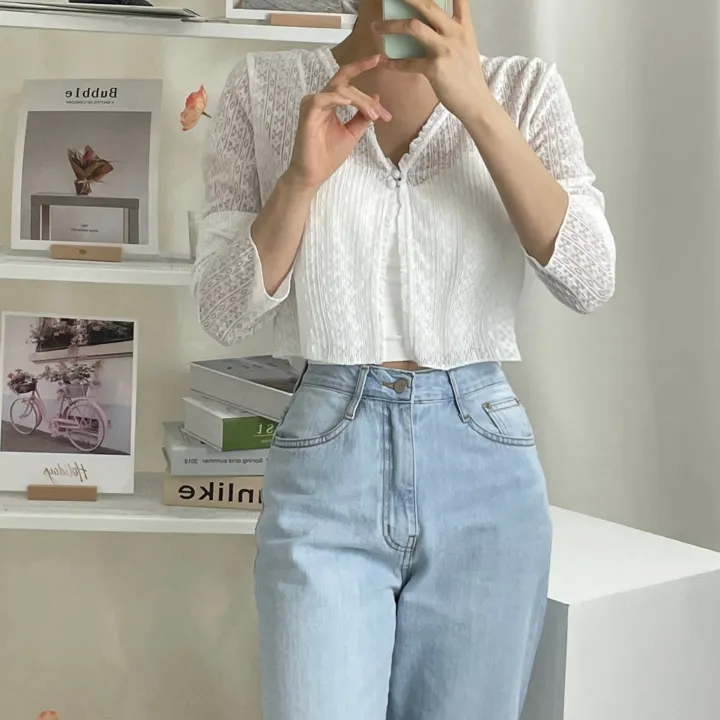[1+1할인/여리핏/비치웨어] 여름 시스루 펀칭 레이스 프릴 투버튼 브이넥 긴팔 숏 크롭 가디건 (4color) 상세 이미지 6