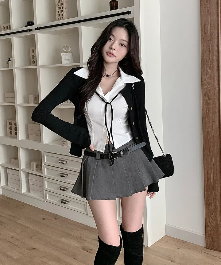 [반팔/긴팔❄일체형💗고퀄ver] 칠리 셔츠 가디건 일체형 레이어드 리본 슬림핏 긴팔 반팔 티셔츠 가디건 봄 겨울 가을 / 하객룩 출근룩 소개팅룩 데이트룩 클래식블랑 상세 이미지 5