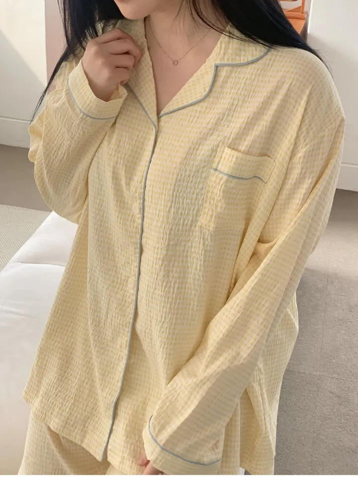 💗BIG size💗 빅사이즈 사계절 수면 파자마 - 노니 옐로우 긴팔 체크 잠옷 상세 이미지 25